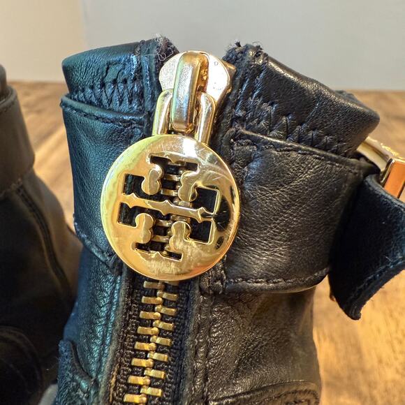 Tory Burch Ankle Boots Melrose Mestico Leather Heel Moto Black Logo Women’s 9.5 - Picture 11 of 15